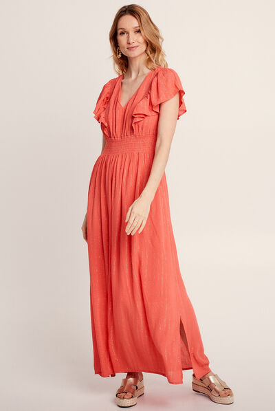 Robe longue droite à laçage orange clair femme