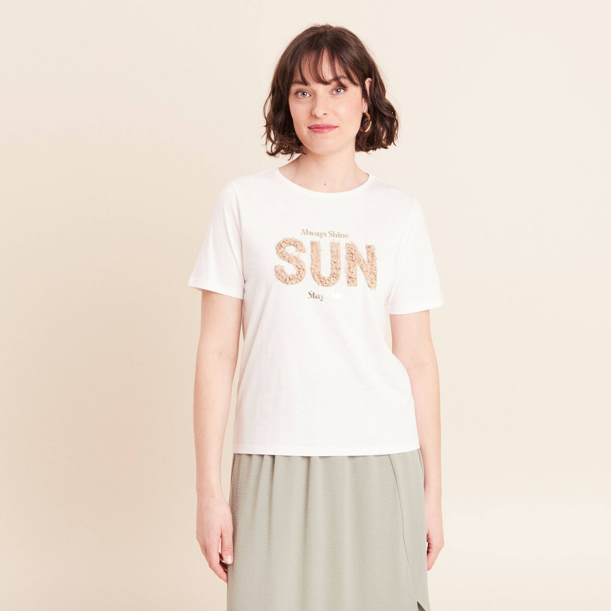 T-shirt col rond manches courtes ecru femme