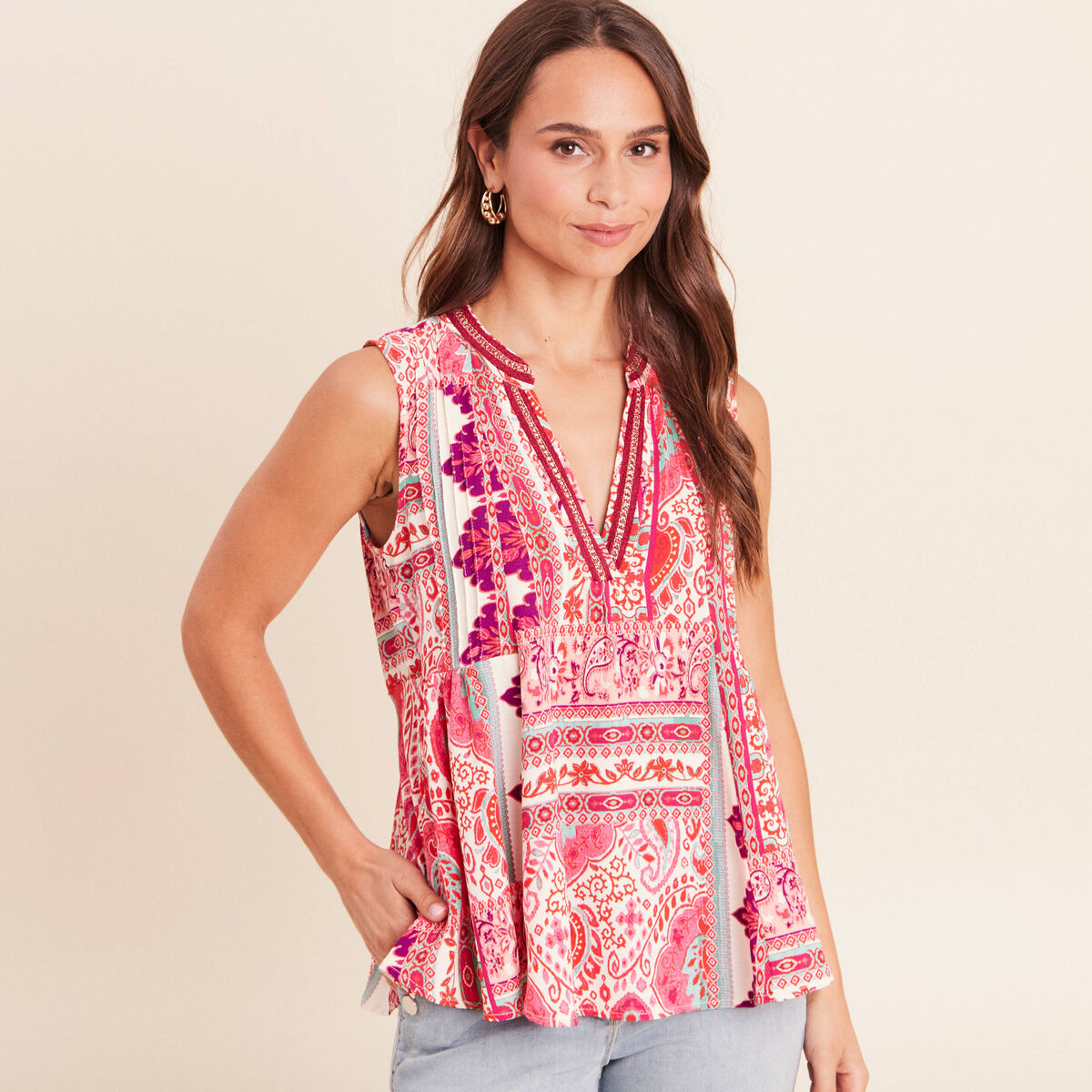 Blouse ample sans manches col v rose femme