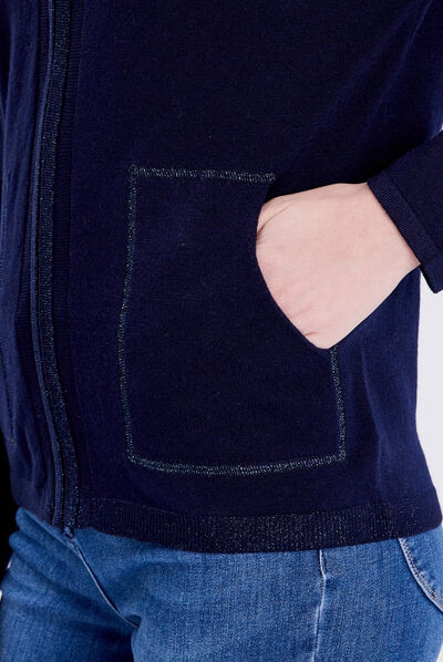 Gilet manches longues à capuche bleu marine femme