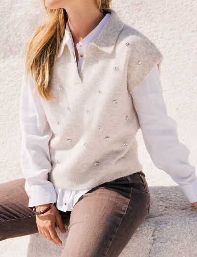 Pull sans manches col chemise beige femme