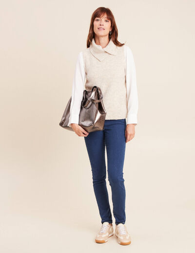 Pull sans manches col boule bouclette creme femme