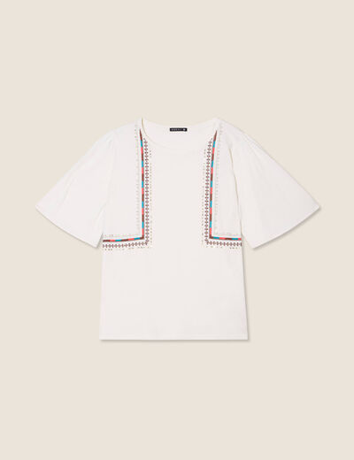 T-shirt manches courtes brodé ecru femme