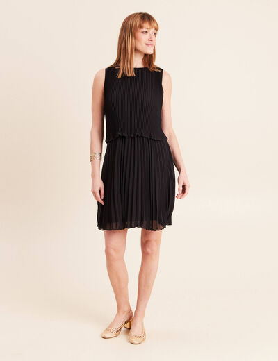 Robe pliss&eacute;e sans manches col rond noir femme