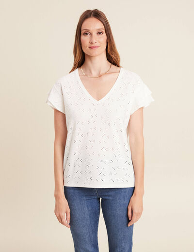 T-shirt cintré col V ecru femme