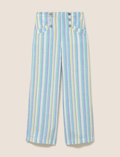 Pantalon large 7/8&egrave;me taille haute bleu femme