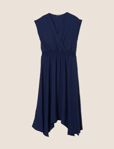 Robe évasée taille smockée bleu marine femme