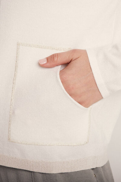Gilet manches longues à capuche ecru femme