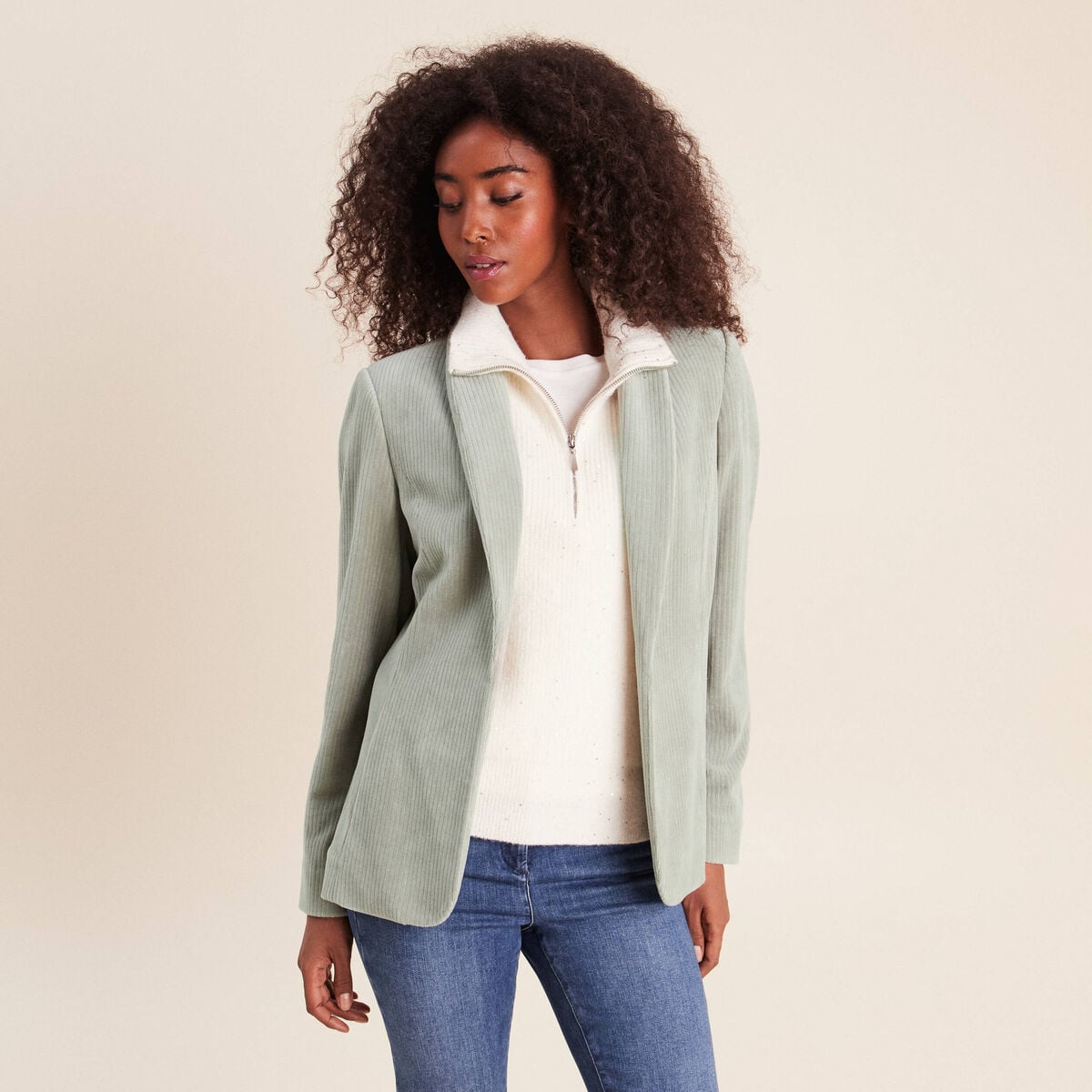 Veste tailleur velours vert clair femme