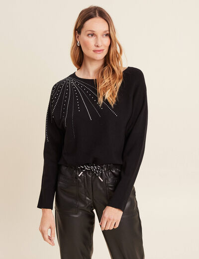 Pull manches longues strass noir femme