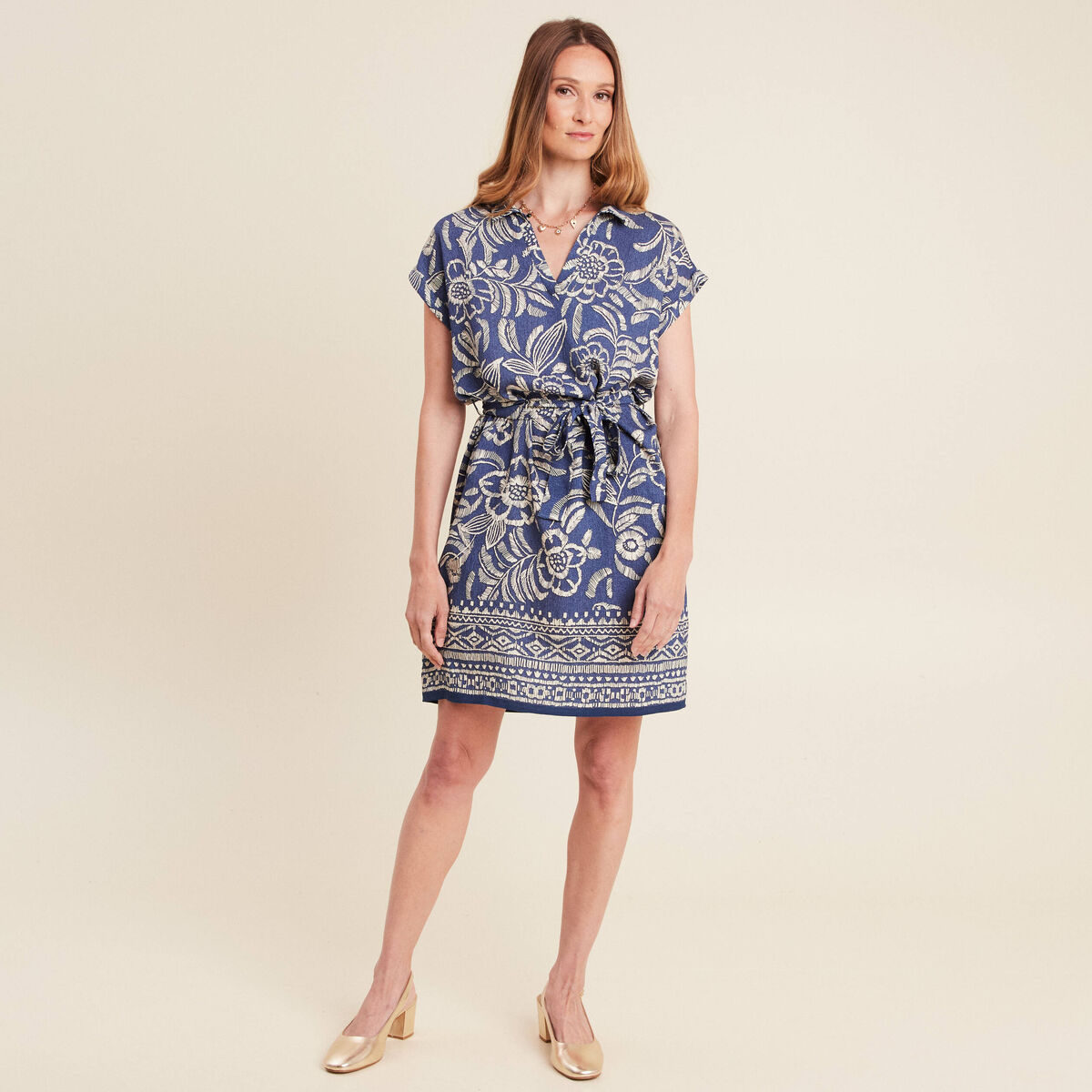 Robe droite courte manches courtes bleu femme