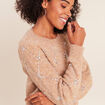 Pull col rond &agrave; sequins marron clair femme