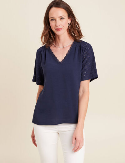 Blouse col V manches courtes bleu marine femme