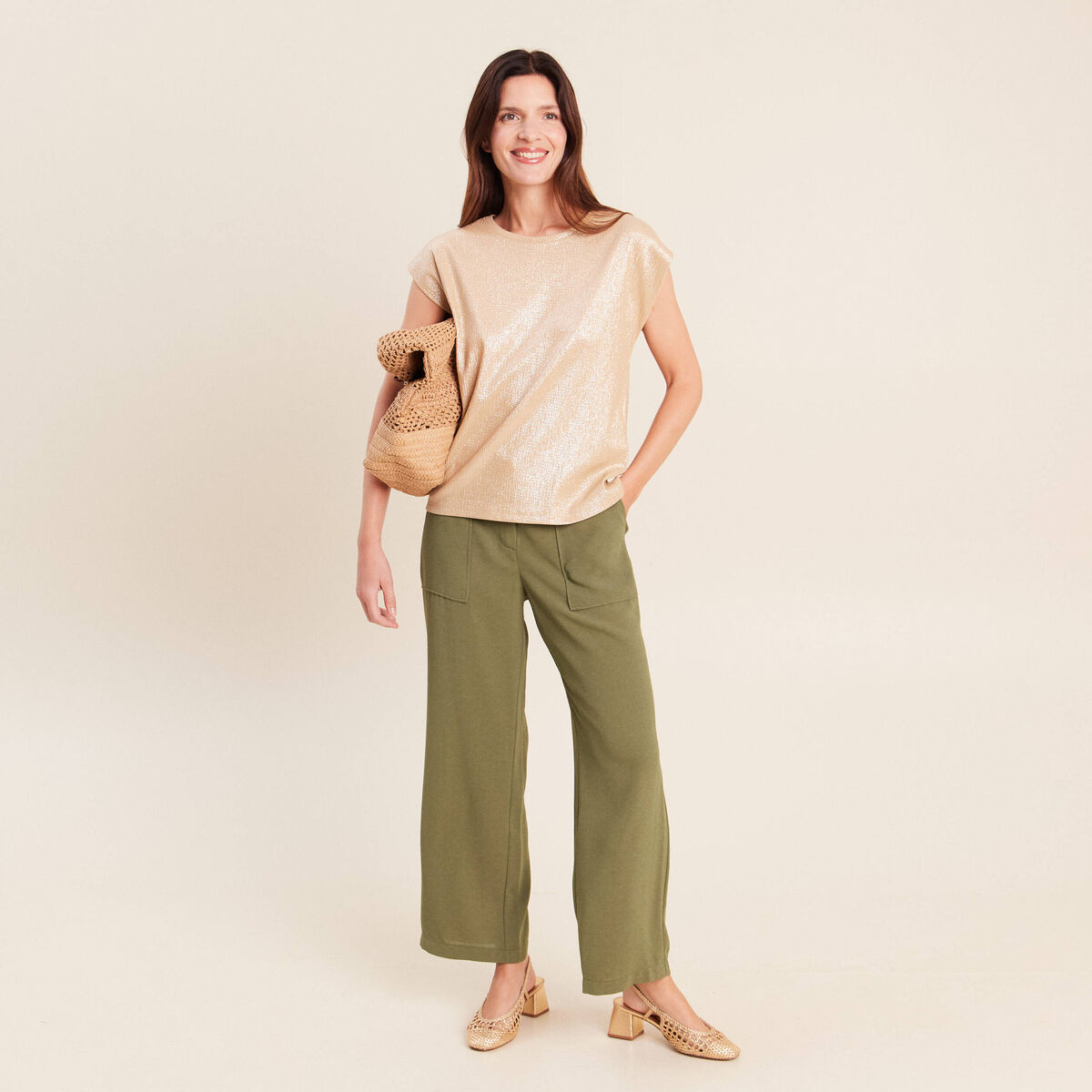 Pantalon large 7/8&egrave;me taille haute vert kaki femme