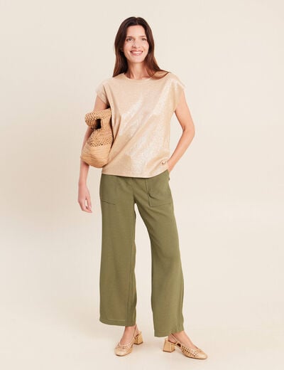 Pantalon large 7/8&egrave;me taille haute vert kaki femme