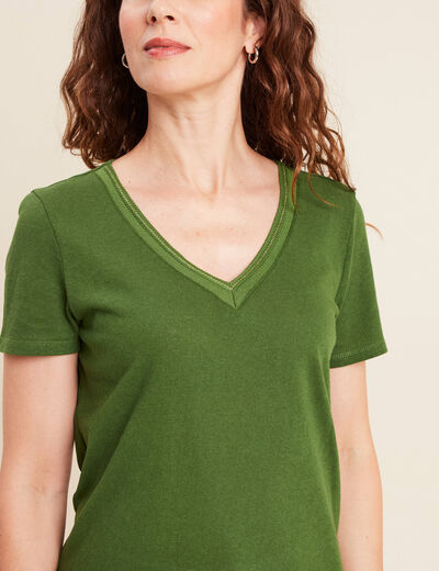 T-shirt manches courtes col en V vert foncé femme