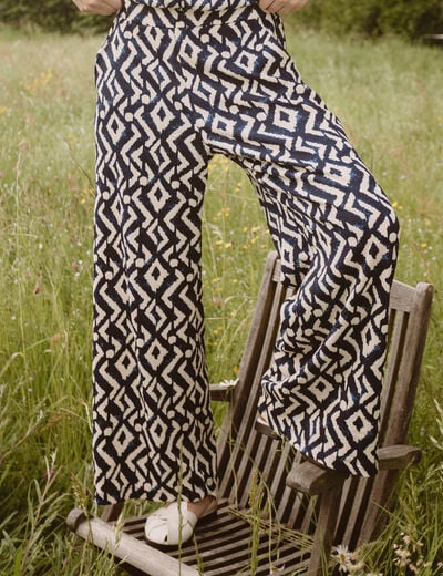 Pantalon large taille haute bleu femme