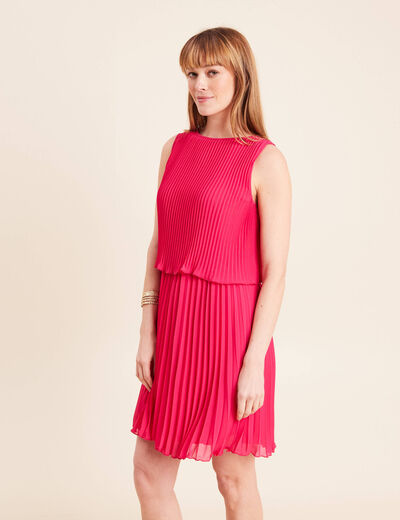Robe pliss&eacute;e sans manches col rond rose fushia femme