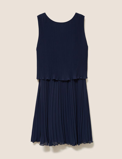 Robe pliss&eacute;e sans manches col rond bleu marine femme