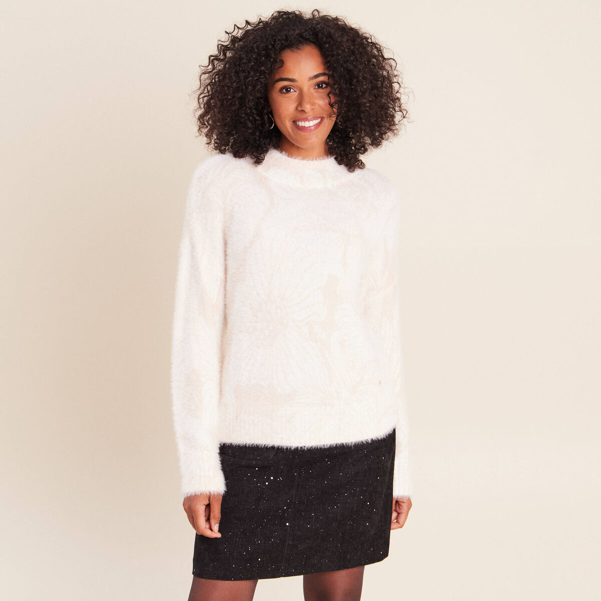 Pull col montant doux beige femme