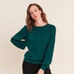 Pull cintr&eacute; col rond manches longues vert fonc&eacute; femme