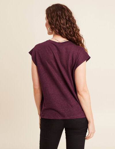 Top col v manches courtes en lin prune femme