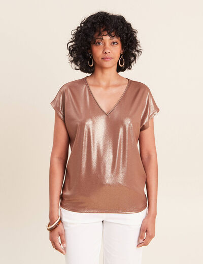 T-shirt col V manches courtes marron femme