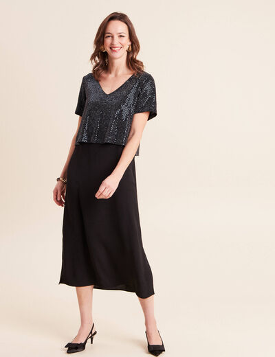 Robe longue &eacute;vas&eacute;e 2 en 1 col rond bleu marine femme