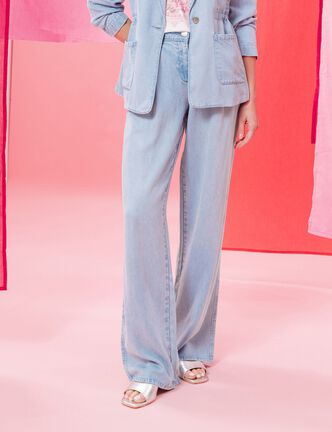 Pantalon large doubl&eacute; fluide denim bleach femme