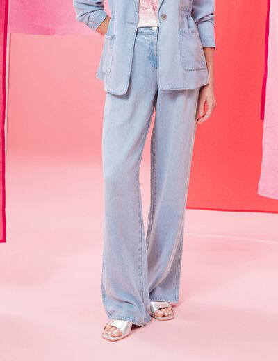 Pantalon large doubl&eacute; fluide denim bleach femme