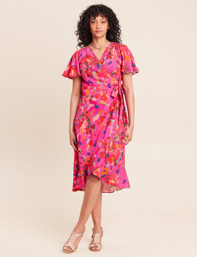Robe courte &eacute;vas&eacute;e col v manches courtes rose femme