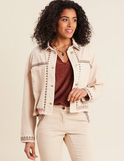 Veste en jean brodée denim beige femme