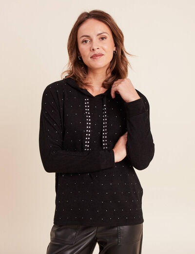 Sweat &agrave; capuche manches longues strass noir femme