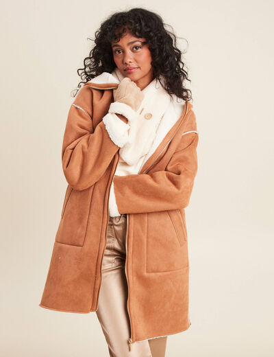 Manteau suédine à capuche marron femme