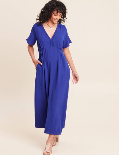 Robe longue &eacute;vas&eacute;e col v manches coudes bleu fonc&eacute; femme
