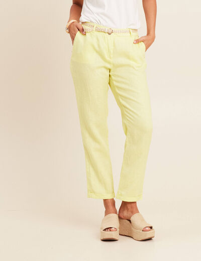 Pantalon coupe chino en lin ceintur&eacute; jaune clair femme