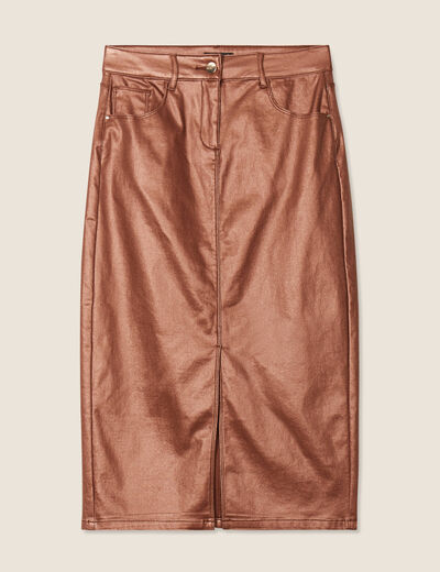 Jupe midi droite enduite couleur cuivre femme