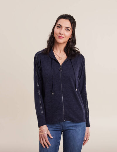 Gilet manches longues capuche bleu marine femme