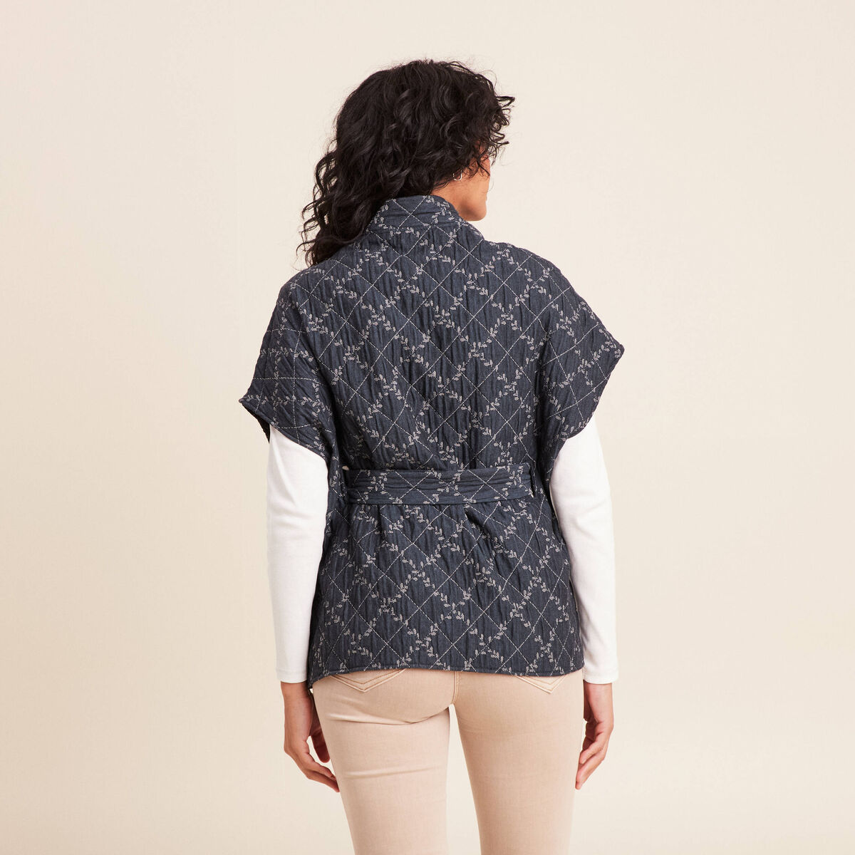Kimono ceintur&eacute; denim stone femme