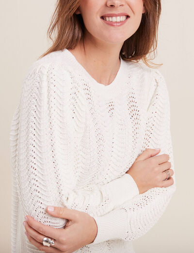 Pull manches longues col rond ecru femme