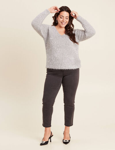 Pull manches longues col en V gris argent femme