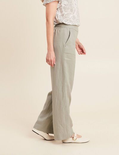 Pantalon large taille haute en lin vert clair femme