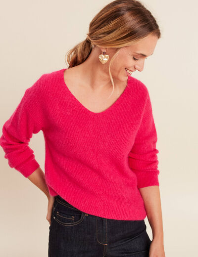 Pull col v rose femme
