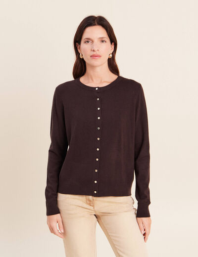 Gilet manches longues col rond marron fonc&eacute; femme