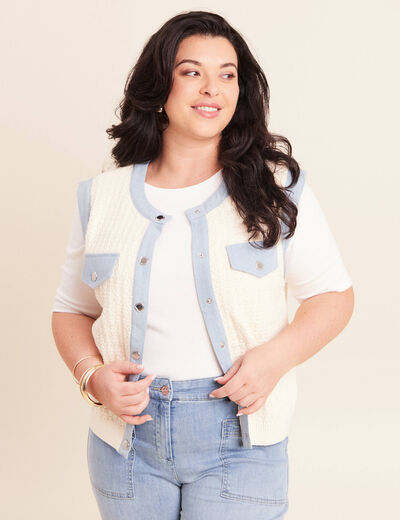 Gilet sans manches col rond ecru femme