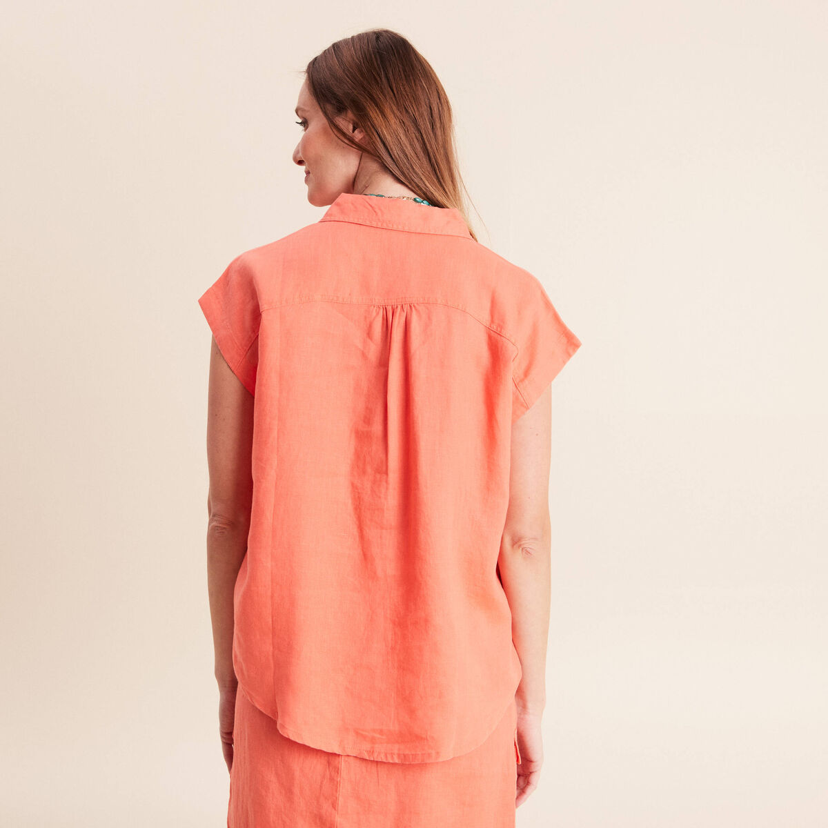 Chemise ample manches courtes aspect lin orange fluo femme | Bréal