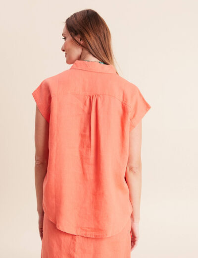 Chemise ample manches courtes aspect lin orange fluo femme