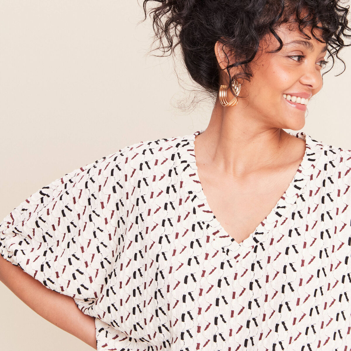 T-shirt effet boule col v manches coudes blanc femme