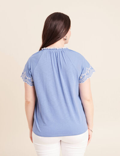 Blouse col tunisien manches courtes bleu ciel femme