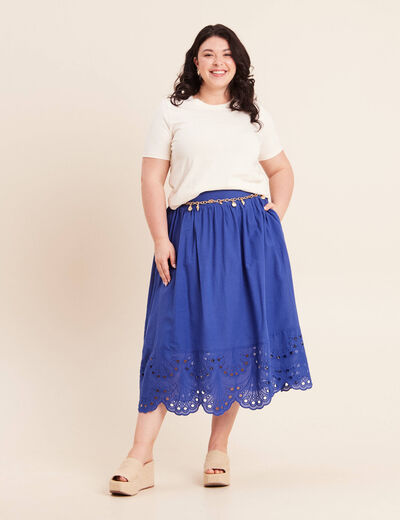 Jupe taille haute doubl&eacute;e avec broderie bleu fonc&eacute; femme